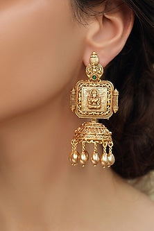 Gold Finish Patterned Temple Jhumka Earrings