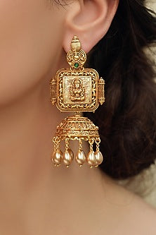 Gold Finish Patterned Temple Jhumka Earrings