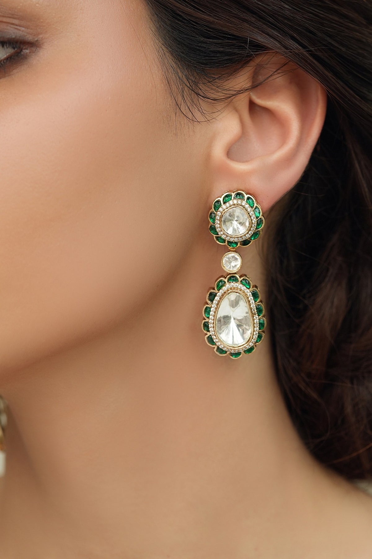 Gold Finish Kundan Polki Dangler Earrings