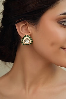Gold Finish Kundan Polki Triangle Stud Earrings