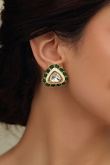 Gold Finish Kundan Polki Triangle Stud Earrings