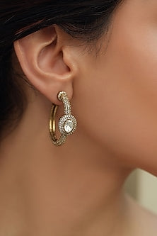 Gold Finish Kundan Polki & Diamond Hoop Earrings