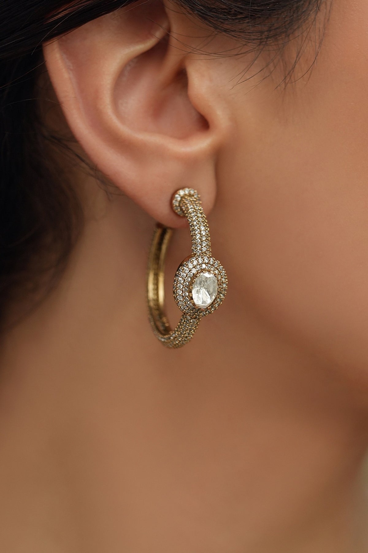 Gold Finish Kundan Polki & Diamond Hoop Earrings