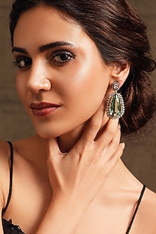 Gold Finish Teal Blue Translucent Stone Teardrop Dangler Earrings