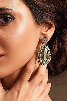 Gold Finish Teal Blue Translucent Stone Teardrop Dangler Earrings