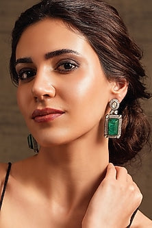 Gold Finish Diamond & Green Stone Dangler Earrings
