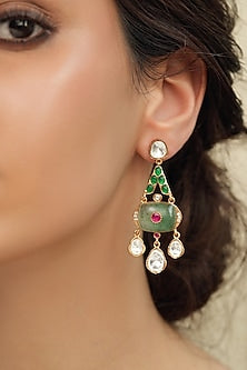Gold Finish Green Stone Dangler Earrings