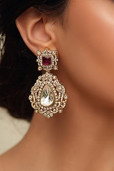 Gold Finish Red Stone & Kundan Polki Dangler Earrings