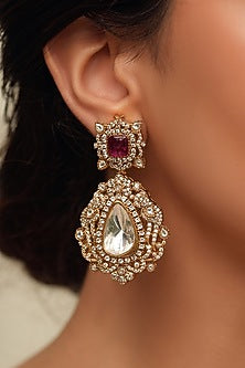 Gold Finish Red Stone & Kundan Polki Dangler Earrings