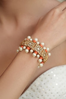 Gold Finish Orange Beaded & Kundan Polki Kada