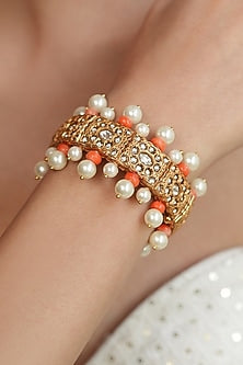 Gold Finish Orange Beaded & Kundan Polki Kada