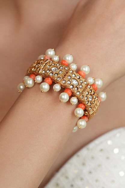 Gold Finish Orange Beaded & Kundan Polki Kada