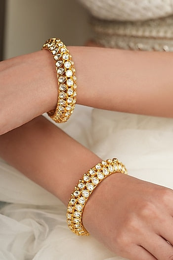 Gold Finish Kundan Polki & Floral Motif Kadas (Set Of 2)