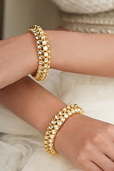 Gold Finish Kundan Polki & Floral Motif Kadas (Set Of 2)