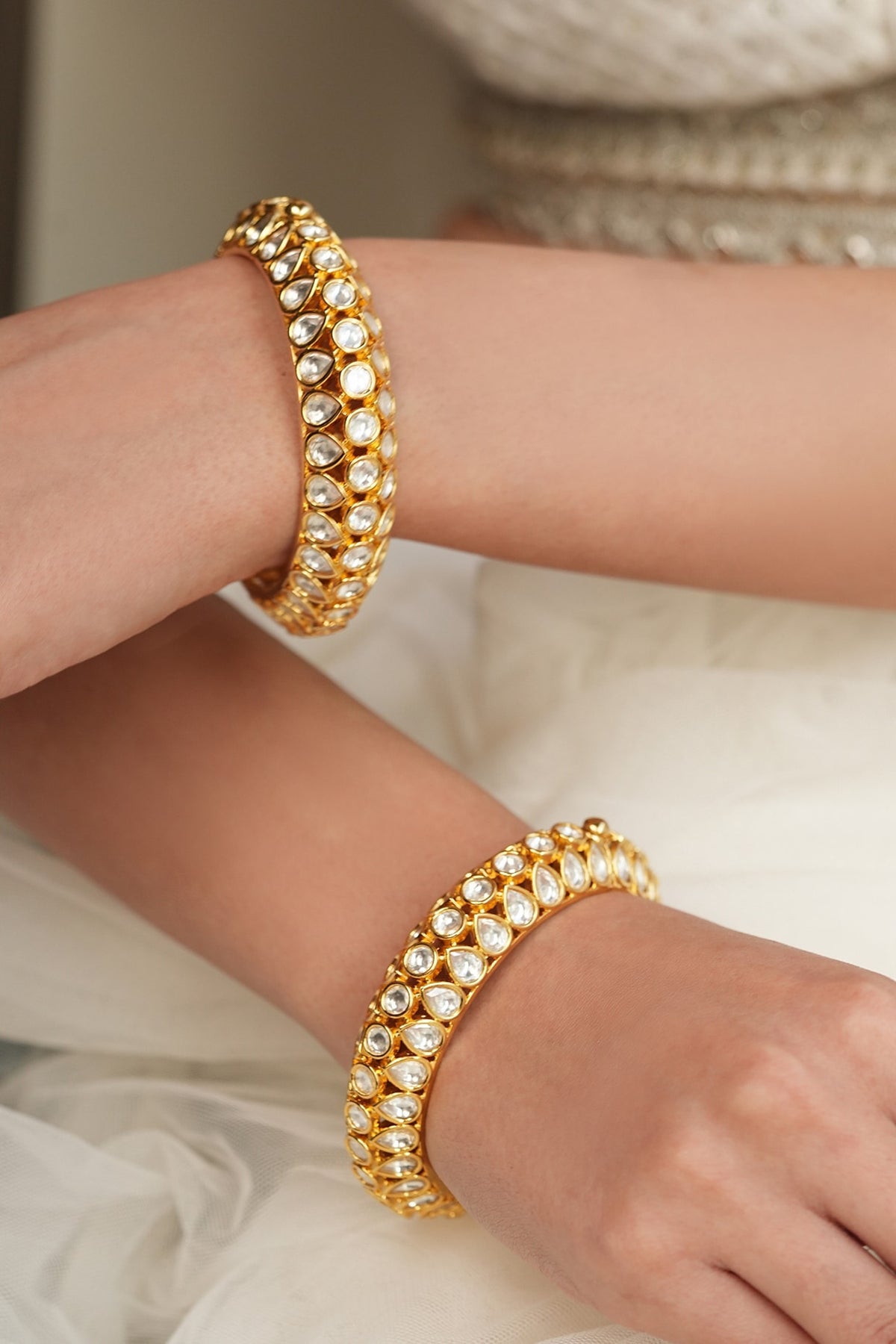 Gold Finish Kundan Polki & Floral Motif Kadas (Set Of 2)