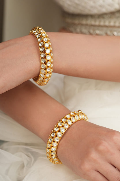 Gold Finish Kundan Polki & Floral Motif Kadas (Set Of 2)