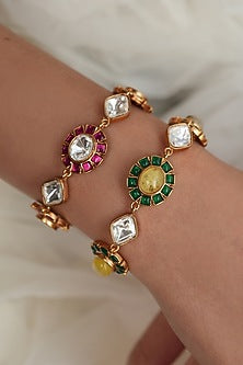 Gold Finish Kundan Polki & Pink Stone Bracelet