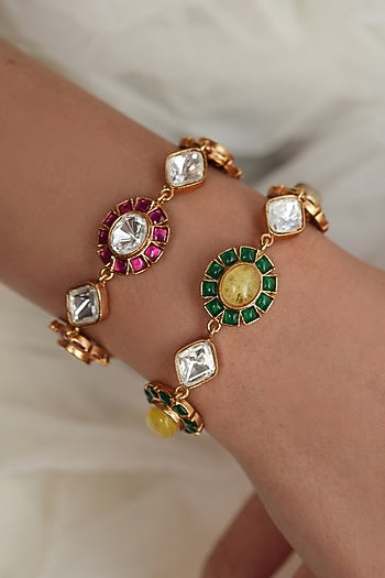 Gold Finish Kundan Polki & Pink Stone Bracelet