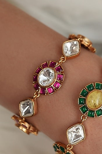 Gold Finish Kundan Polki & Pink Stone Bracelet