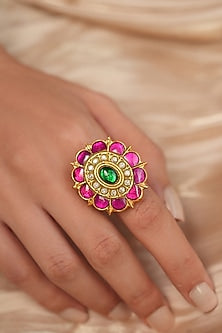 Gold Finish Green Stone & Polki Diamond Ring
