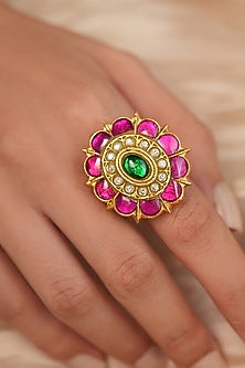Gold Finish Green Stone & Polki Diamond Ring