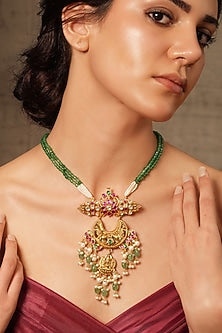 Gold Finish Green Beaded & Multi-Colored Stone Necklace