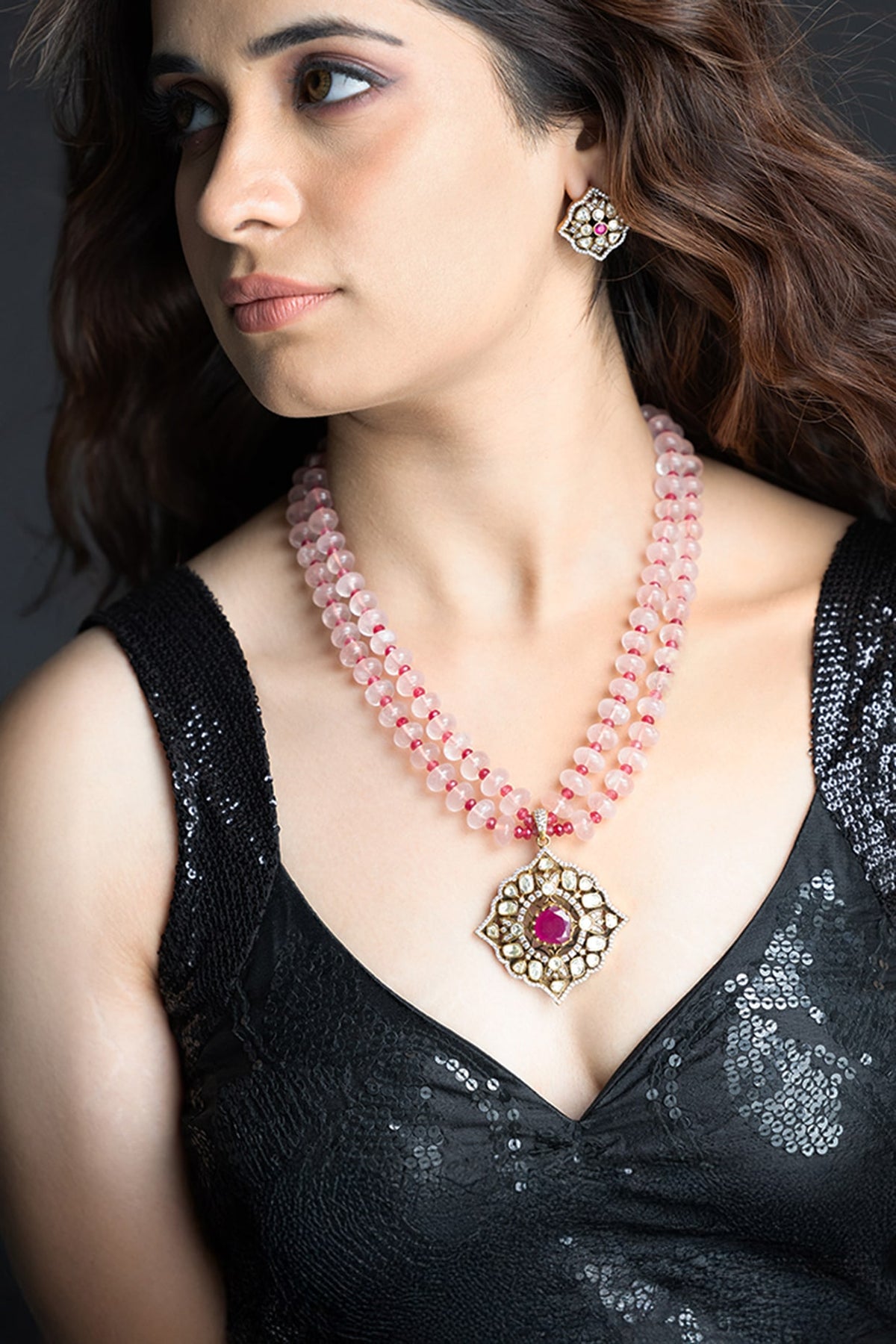 Gold Finish Pink Beaded & Ruby Stone Necklace Set