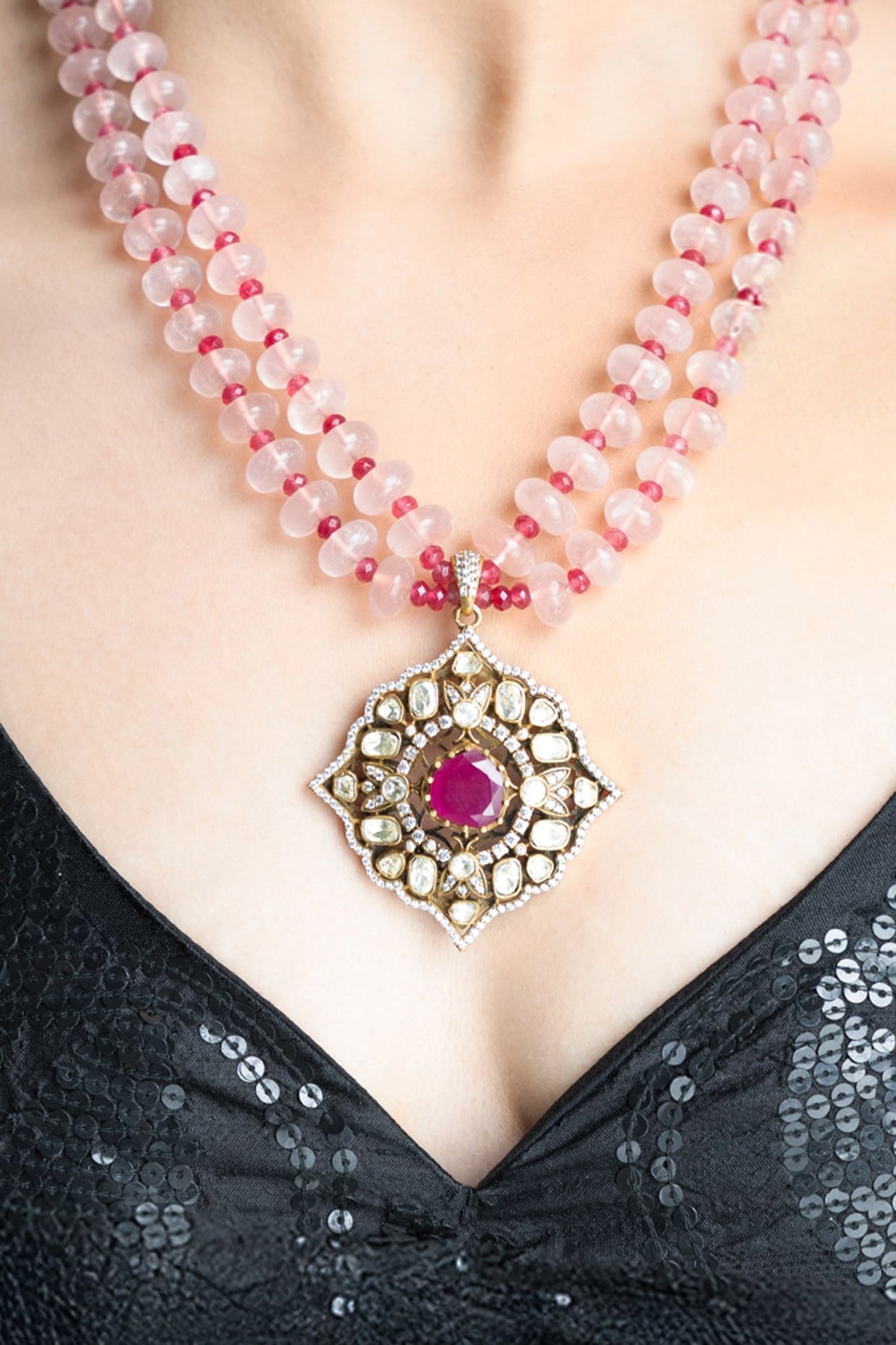 Gold Finish Pink Beaded & Ruby Stone Necklace Set