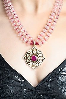 Gold Finish Pink Beaded & Ruby Stone Necklace Set