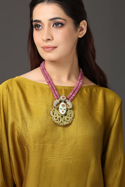 Gold Finish Pink Beaded Pendant Necklace