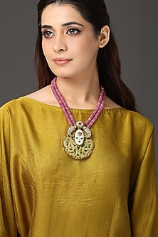 Gold Finish Pink Beaded Pendant Necklace