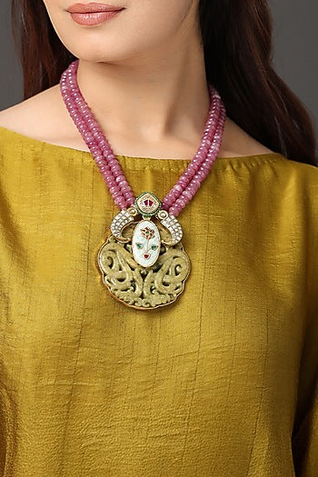 Gold Finish Pink Beaded Pendant Necklace