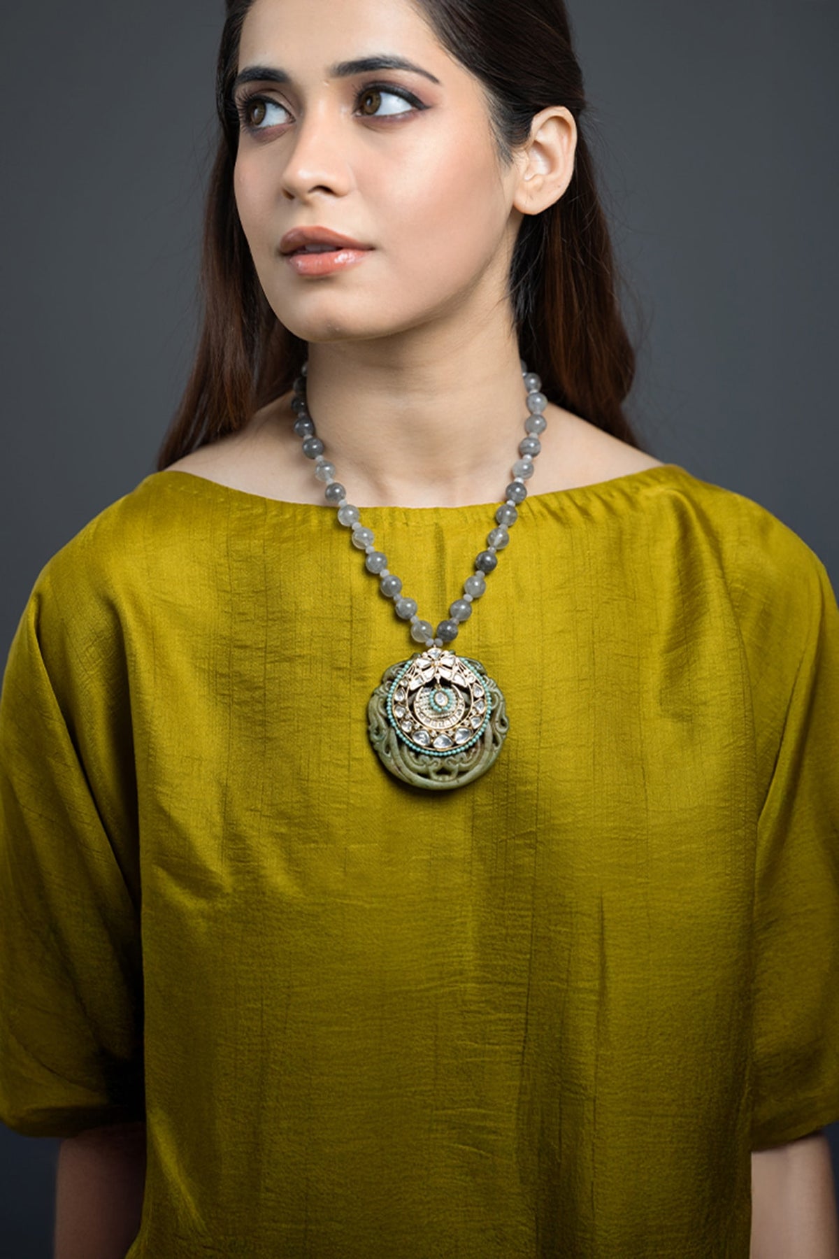 Gold Finish Blue Beaded Necklace