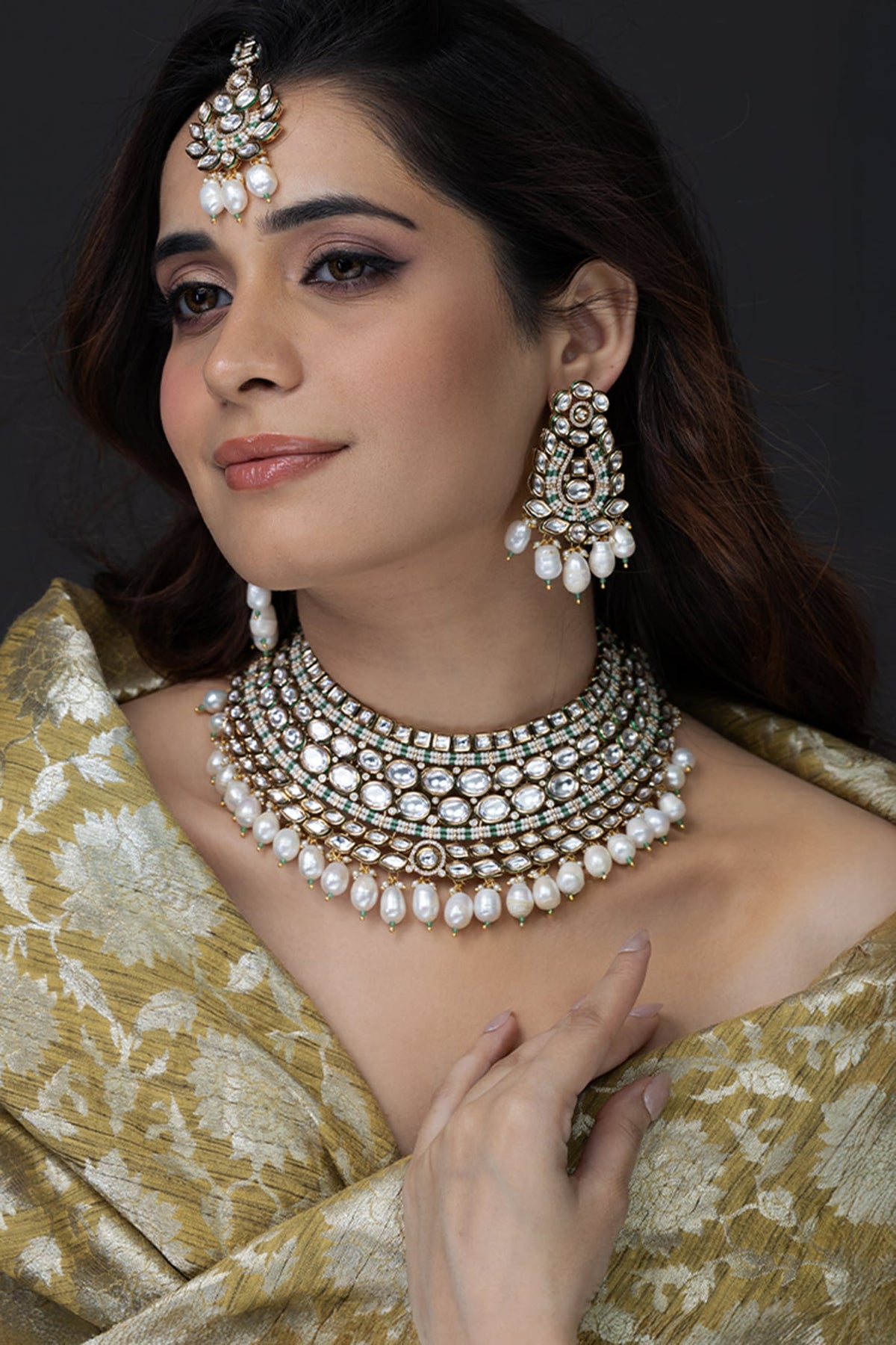 Gold Finish Kundan Polki Necklace Set
