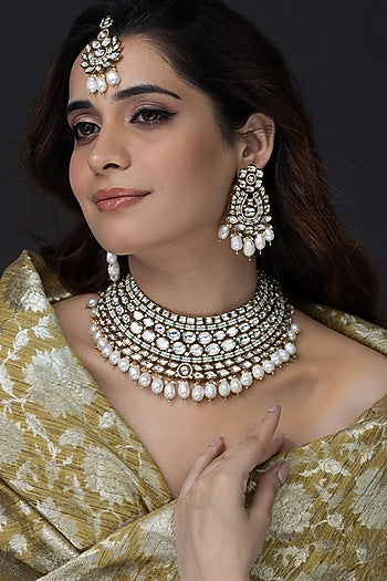 Gold Finish Kundan Polki Necklace Set
