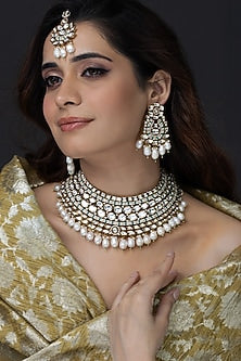Gold Finish Kundan Polki Necklace Set
