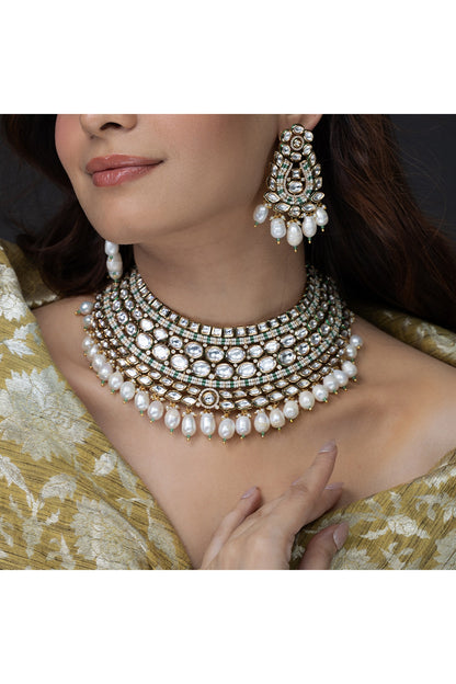 Gold Finish Kundan Polki Necklace Set