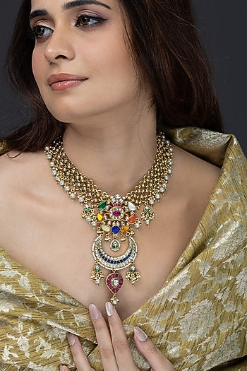 Gold Finish Multi-Colored Stone Necklace