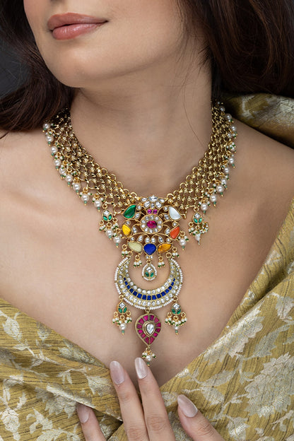 Gold Finish Multi-Colored Stone Necklace