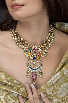 Gold Finish Multi-Colored Stone Necklace
