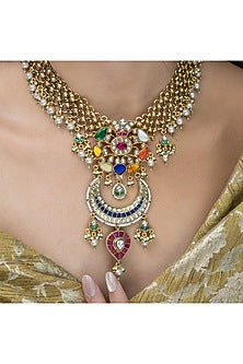 Gold Finish Multi-Colored Stone Necklace