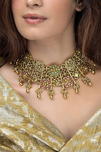 Gold Finish Multi-Colored Stone Necklace