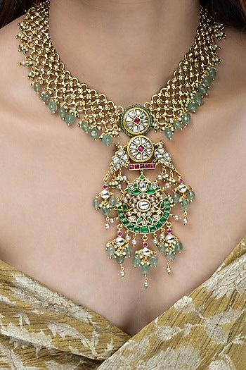 Gold Finish Green Drop Necklace