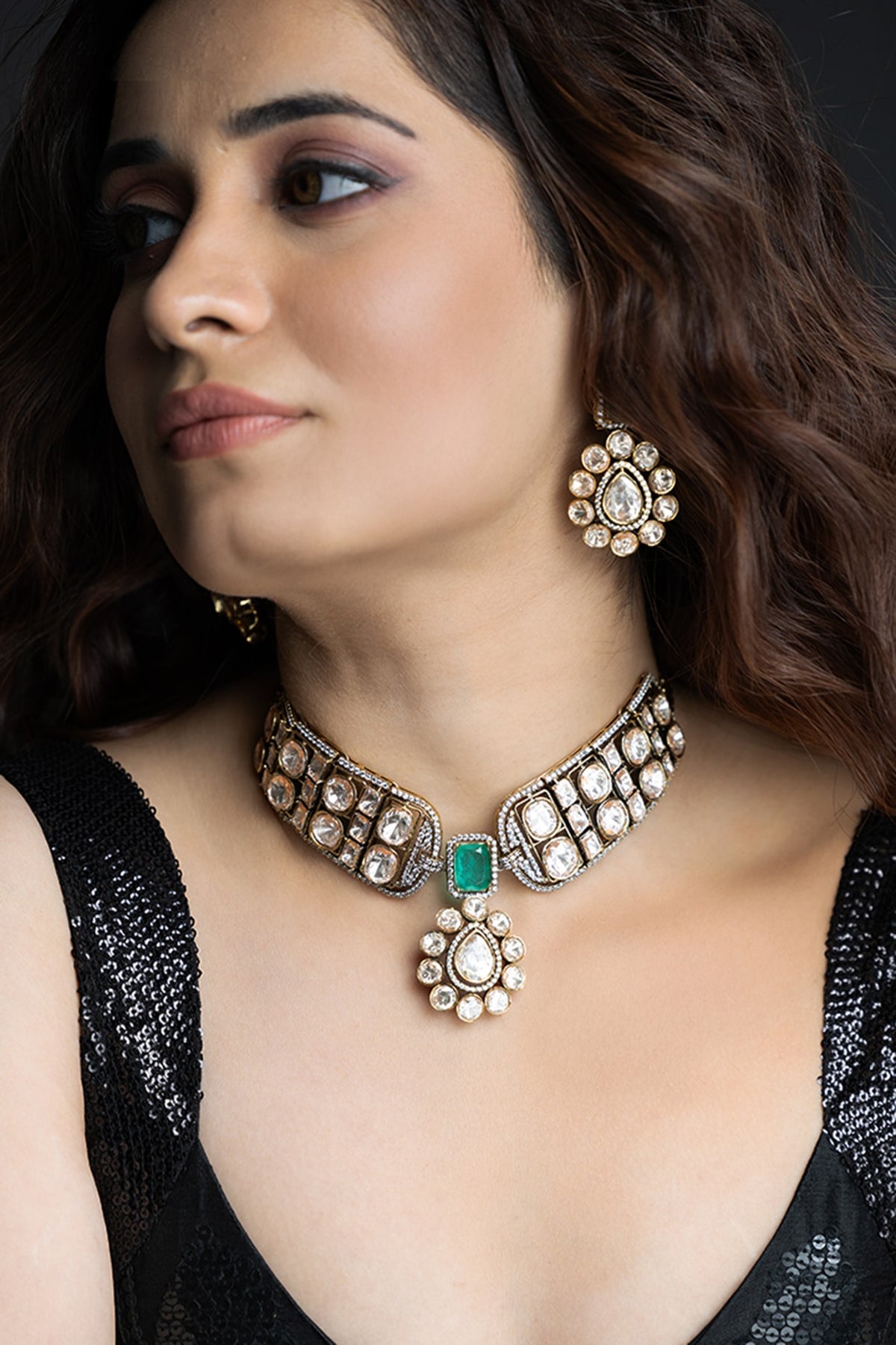 Gold Finish Kundan Polki Choker Necklace Set