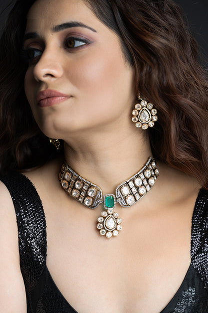 Gold Finish Kundan Polki Choker Necklace Set