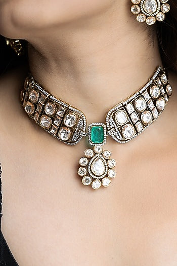 Gold Finish Kundan Polki Choker Necklace Set