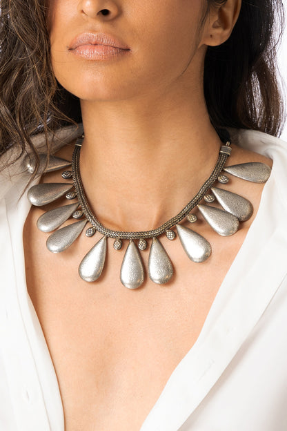 Gold Finish Silver Teardrop Statement Necklace