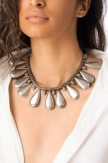 Gold Finish Silver Teardrop Statement Necklace