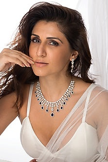 White Finish Stone & Deep Blue Drop Necklace Set