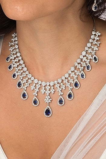 White Finish Stone & Deep Blue Drop Necklace Set